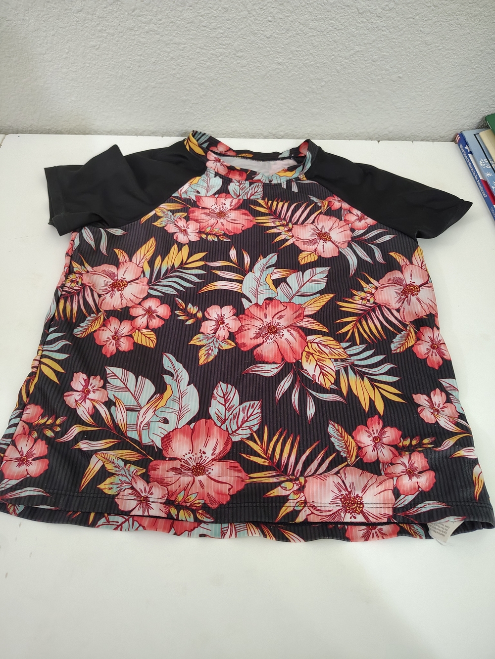 Floral Rash Guard Swim Shirt Top Black Pink Yellow Size L Plus Size 10/12